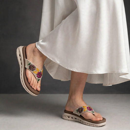 Floral Embroidered Beaded Flip-Flops for Women