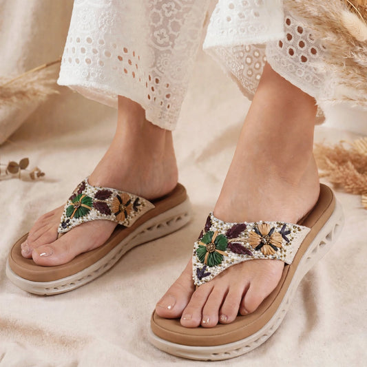 Floral Embroidered Beaded Flip-Flops for Women