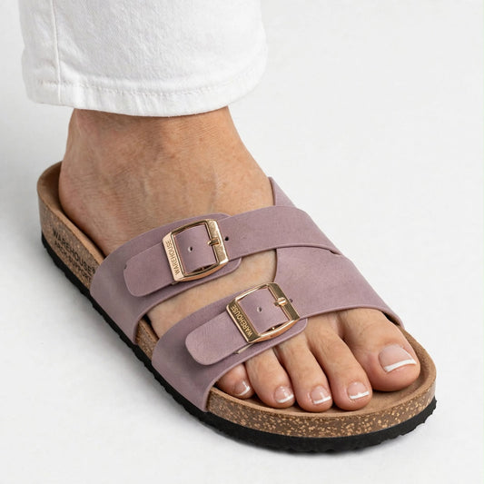 Double Buckle Cork Slides for Women