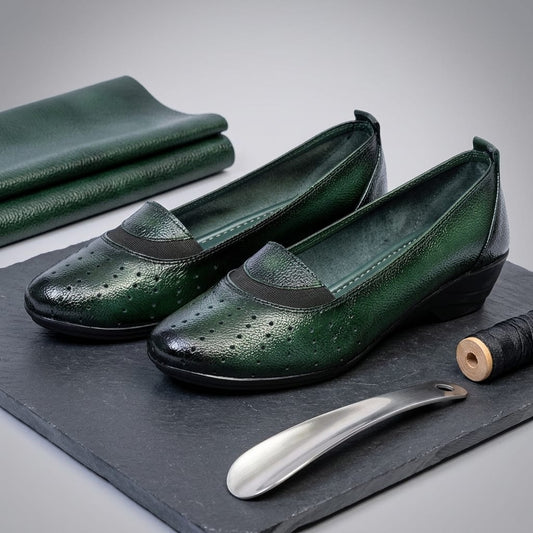 Onyx Olive Leather Slip On Belly for Women