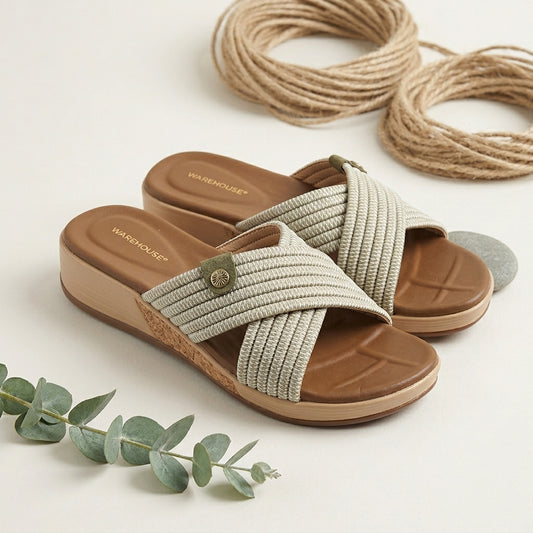 Cross-Strap Woven Wedge Slides for Women