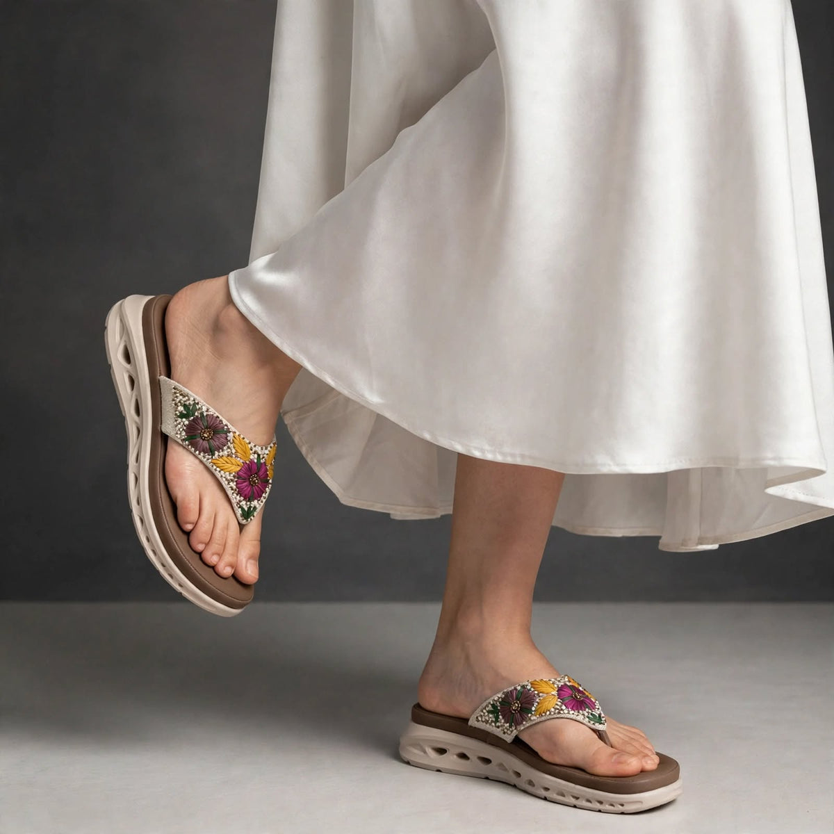 Floral Embroidered Beaded Flip-Flops for Women