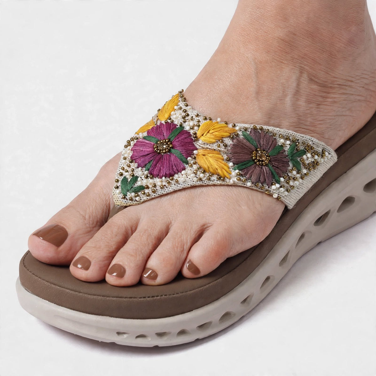Floral Embroidered Beaded Flip-Flops for Women