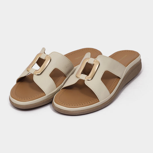 Gold buckle sandals in cream, women's flat slide sandals, side view