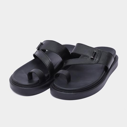 Men's Black Leather Toe Ring Sandals – Casual Slip-On Chappals