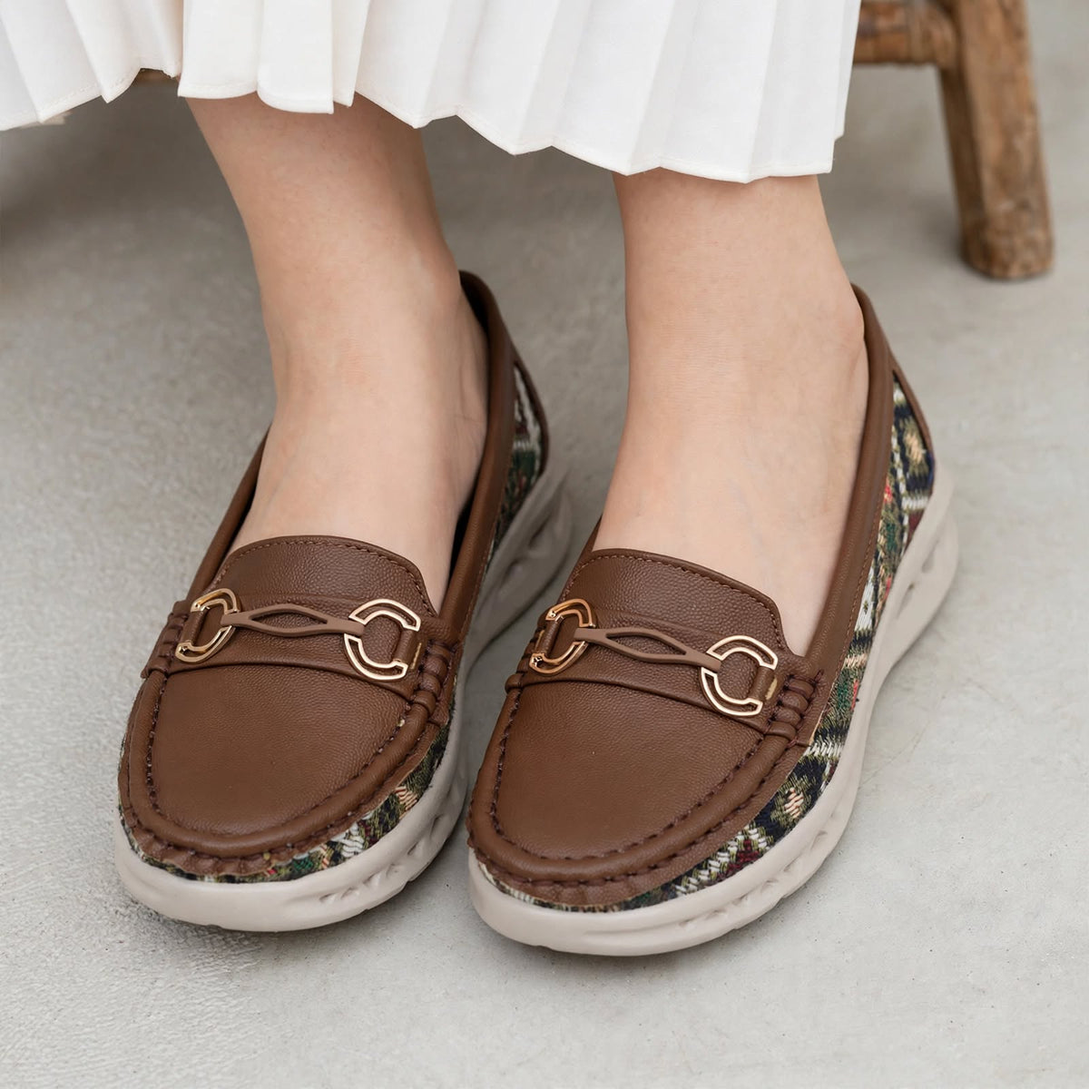 Brown ethnic loafers with colorful woven side panels - side view