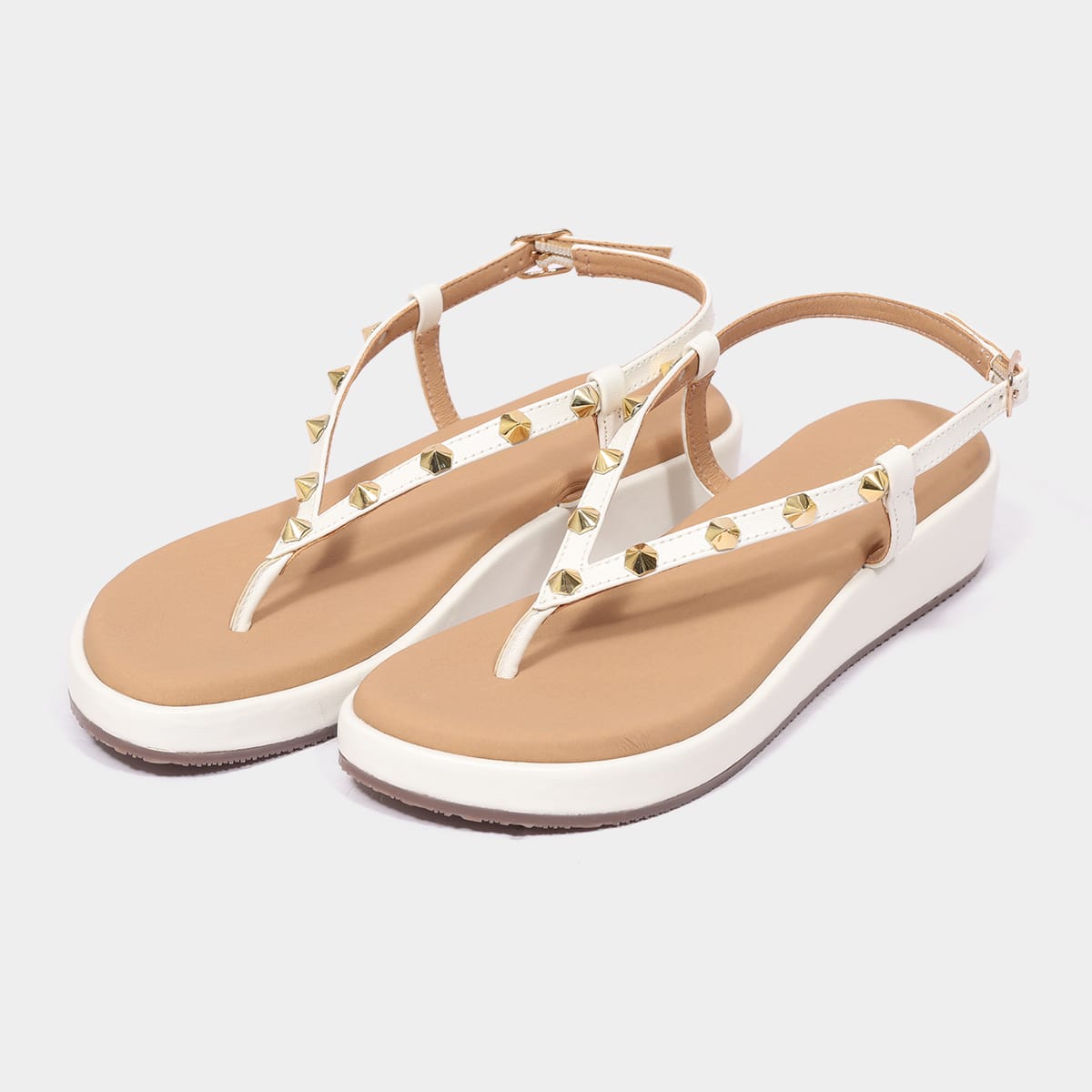 Gold Studded T-Strap Platform Sandals for Women