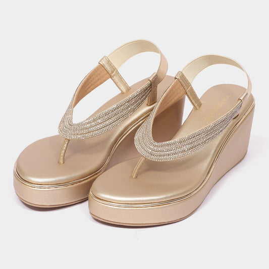 Stone Work Elastic Slingback Wedge Sandals for Women