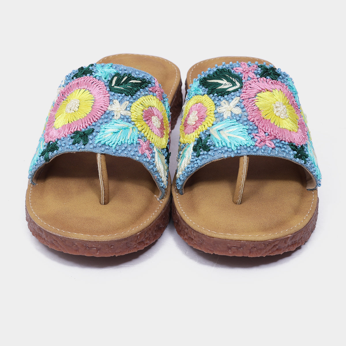 Floral Embroidered Toe Ring Sandals – Handcrafted Flat Slides