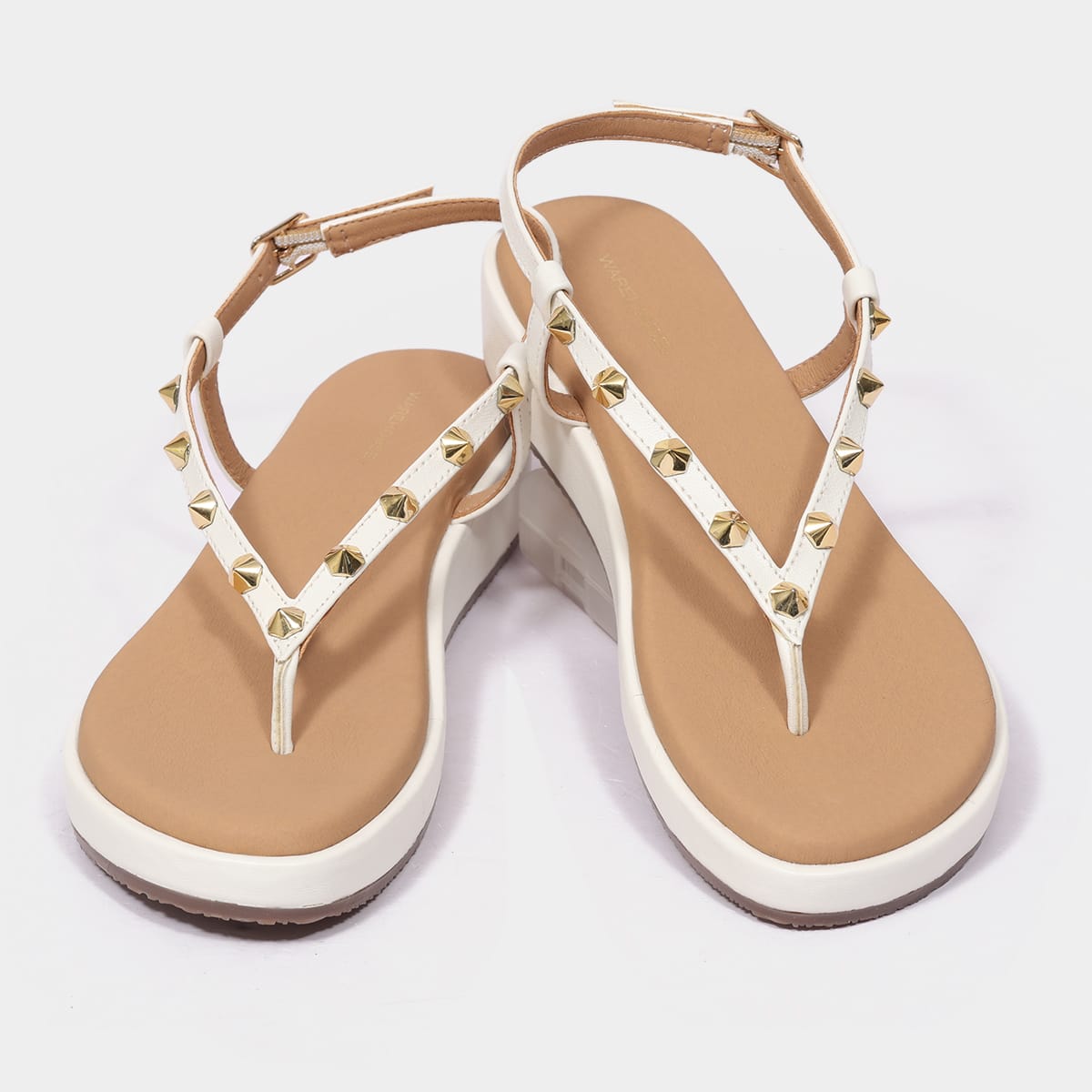 Gold Studded T-Strap Platform Sandals for Women