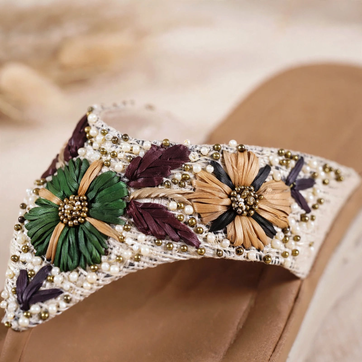 Floral Embroidered Beaded Flip-Flops for Women
