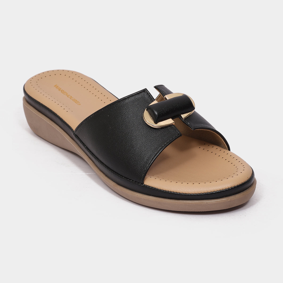 Premium black wedge sliders for women with gold chain buckle, front view