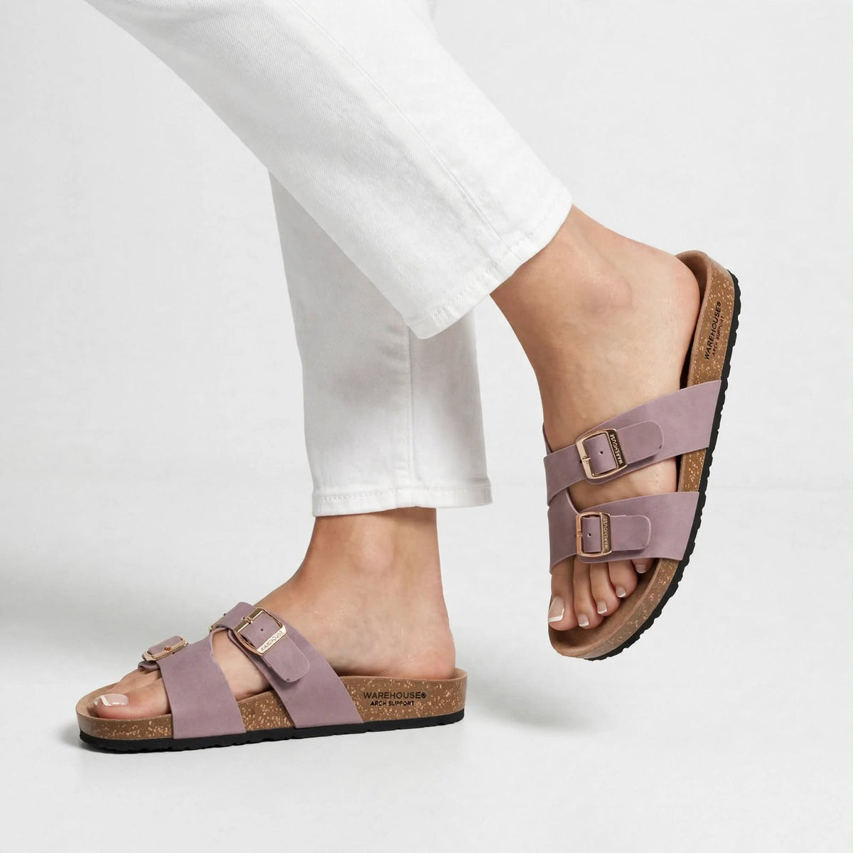 Double Buckle Cork Slides for Women