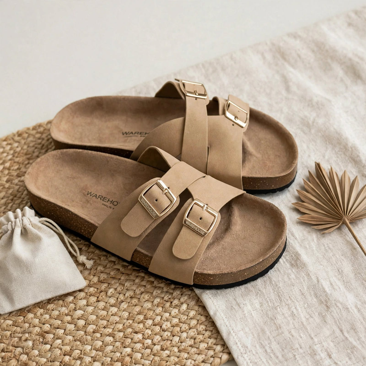 Double Buckle Cork Slides for Women