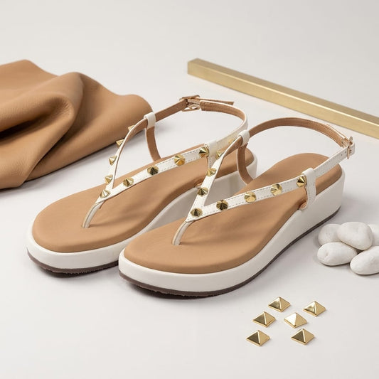 Gold Studded T-Strap Platform Sandals for Women