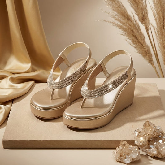 Stone Work Elastic Slingback Wedge Sandals for Women
