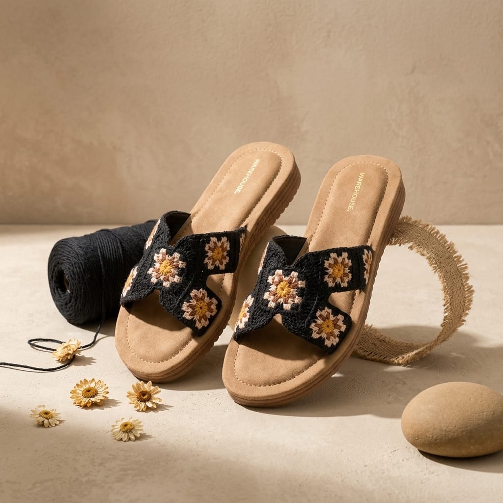 Floral Embroidered Fabric Slide Women – Lifestyle View | Warehouse Footwear