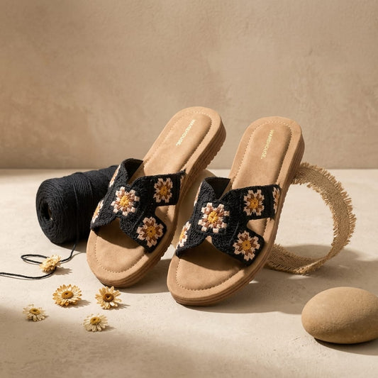 Floral Embroidered Fabric Slide Women – Lifestyle View | Warehouse Footwear