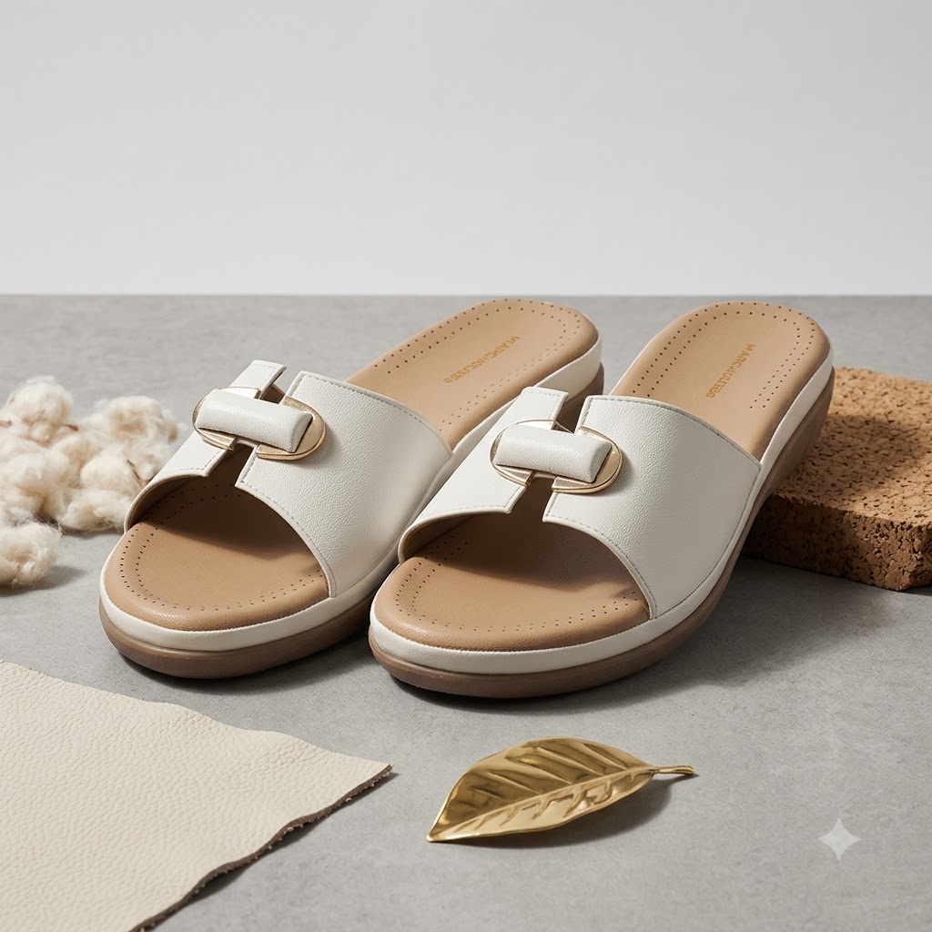 White wedge sliders with gold chain buckle, side profile